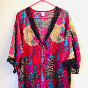 Vintage Serenada Slip Robe 0X Multi-Colored Kimono Lace 80s Retro Maximalist